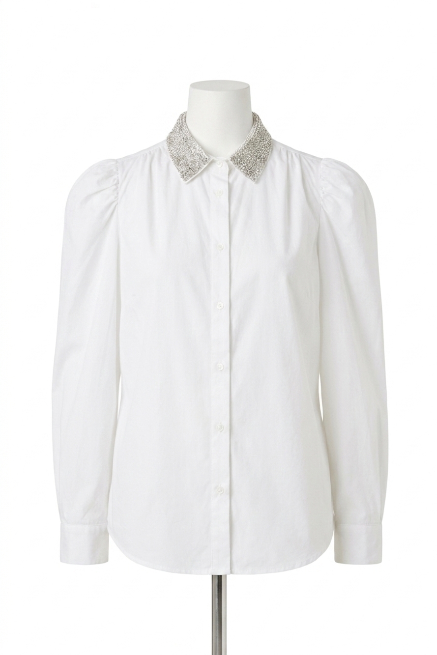 NEW BISHOP + YOUNG cate ruched sleeve top in white embellished